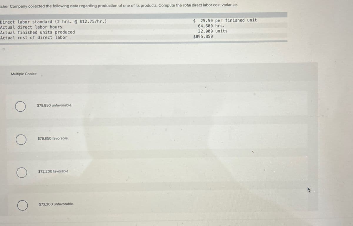 cher Company collected the following data regarding production of one of its products. Compute the total direct labor cost variance.
Direct labor standard (2 hrs. @ $12.75/hr.)
Actual direct labor hours
Actual finished units produced
Actual cost of direct labor
$ 25.50 per finished unit
64,600 hrs.
32,000 units
$895,850
Multiple Choice
О
О
$79,850 unfavorable.
$79,850 favorable.
О
$72,200 favorable.
О
$72,200 unfavorable.