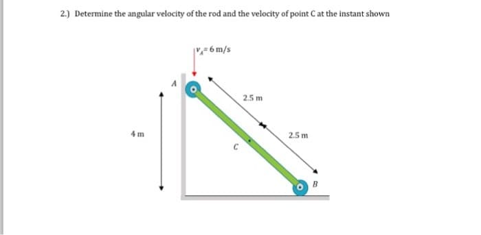 2.) Determine the angular velocity of the rod and the velocity of point C at the instant shown
4 m
v=6 m/s
2.5 m
2.5 m
B