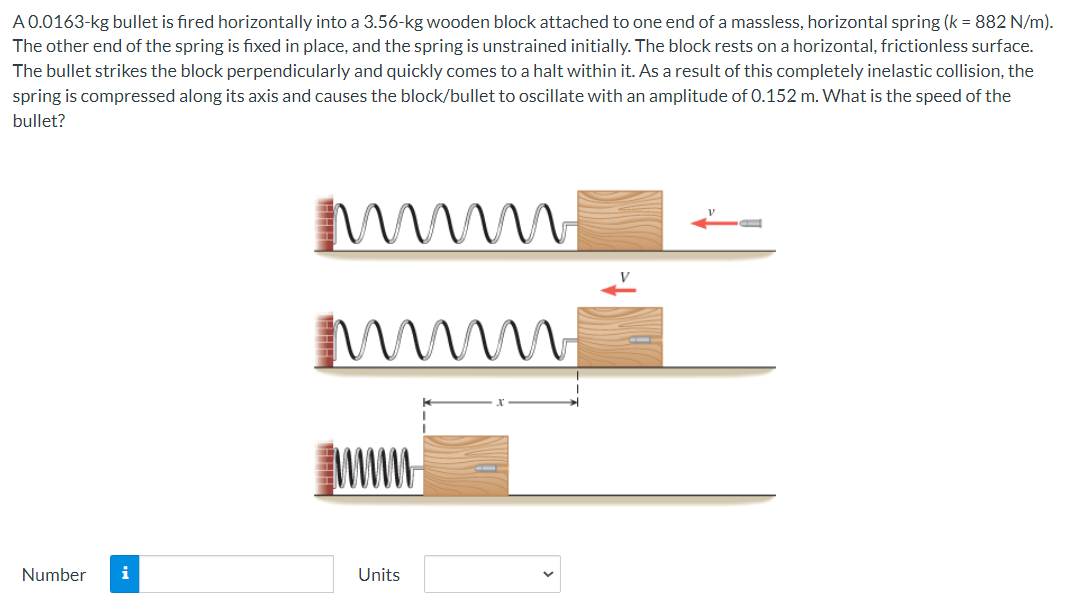 A 0.0163-kg bullet is fired horizontally into a 3.56-kg wooden block attached to one end of a massless, horizontal spring (k = 882 N/m).
The other end of the spring is fixed in place, and the spring is unstrained initially. The block rests on a horizontal, frictionless surface.
The bullet strikes the block perpendicularly and quickly comes to a halt within it. As a result of this completely inelastic collision, the
spring is compressed along its axis and causes the block/bullet to oscillate with an amplitude of 0.152 m. What is the speed of the
bullet?
Number
i
mm.
mmm.
Units