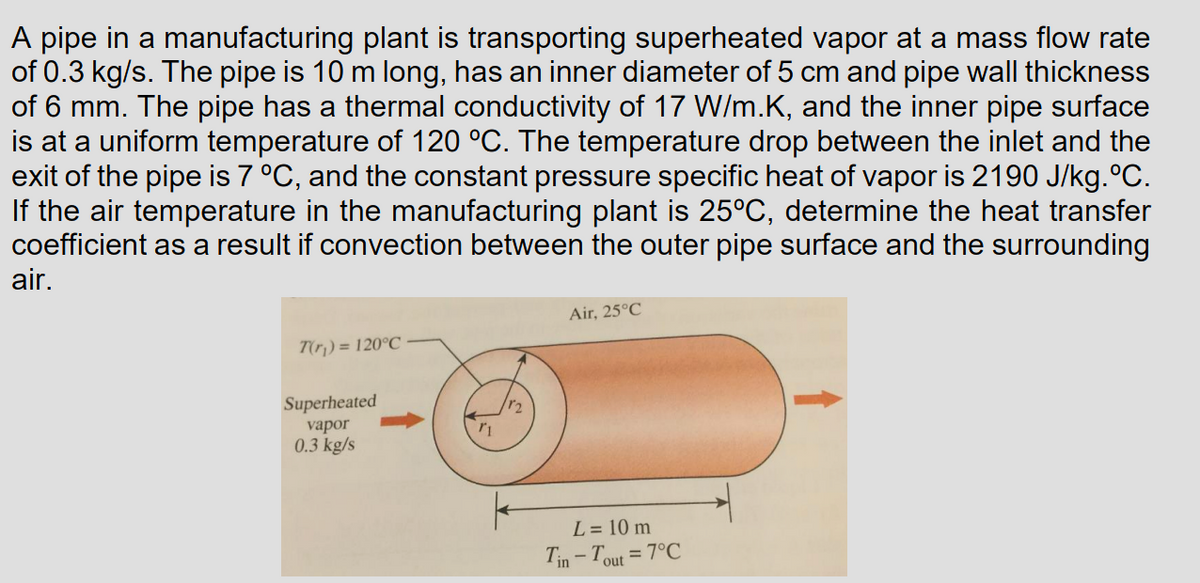 A pipe in a manufacturing plant is transporting superheated vapor at a mass flow rate
of 0.3 kg/s. The pipe is 10 m long, has an inner diameter of 5 cm and pipe wall thickness
of 6 mm. The pipe has a thermal conductivity of 17 W/m.K, and the inner pipe surface
is at a uniform temperature of 120 °C. The temperature drop between the inlet and the
exit of the pipe is 7 °C, and the constant pressure specific heat of vapor is 2190 J/kg.°C.
If the air temperature in the manufacturing plant is 25°C, determine the heat transfer
coefficient as a result if convection between the outer pipe surface and the surrounding
air.
T(r) = 120°C
Superheated
Air, 25°C
r2
vapor
r1
0.3 kg/s
L = 10 m
Tin-Tout = 7°C