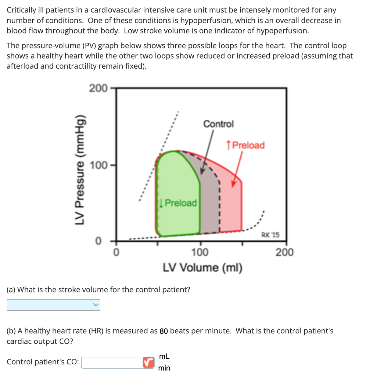 Critically ill patients in a cardiovascular intensive care unit must be intensely monitored for any
number of conditions. One of these conditions is hypoperfusion, which is an overall decrease in
blood flow throughout the body. Low stroke volume is one indicator of hypoperfusion.
The pressure-volume (PV) graph below shows three possible loops for the heart. The control loop
shows a healthy heart while the other two loops show reduced or increased preload (assuming that
afterload and contractility remain fixed).
200
LV Pressure (mmHg)
100
Preload
Control
↑ Preload
100
LV Volume (ml)
(a) What is the stroke volume for the control patient?
RK '15
200
(b) A healthy heart rate (HR) is measured as 80 beats per minute. What is the control patient's
cardiac output CO?
Control patient's CO:
mL
min