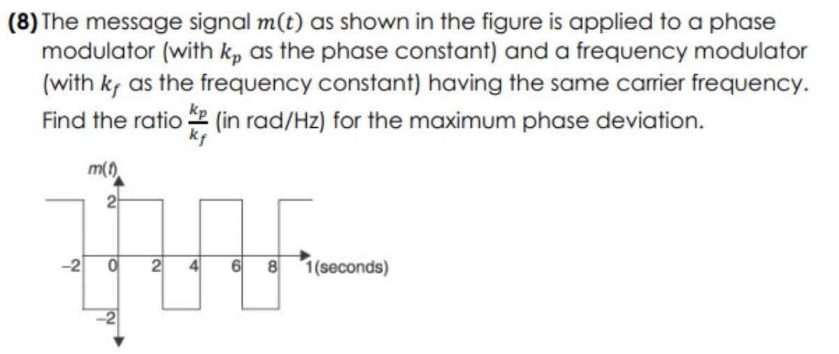 (8) The message signal m(t) as shown in the figure is applied to a phase
modulator (with kp as the phase constant) and a frequency modulator
(with k, as the frequency constant) having the same carrier frequency.
Find the ratio (in rad/Hz) for the maximum phase deviation.
Kp
kf
-2
m(1)
2
O
2 4 6 8 1(seconds)