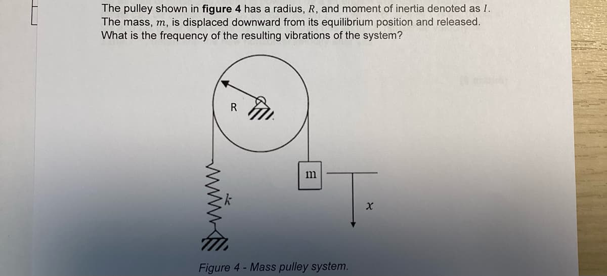 E
The pulley shown in figure 4 has a radius, R, and moment of inertia denoted as I.
The mass, m, is displaced downward from its equilibrium position and released.
What is the frequency of the resulting vibrations of the system?
www
R
FI
m
Figure 4- Mass pulley system.
X