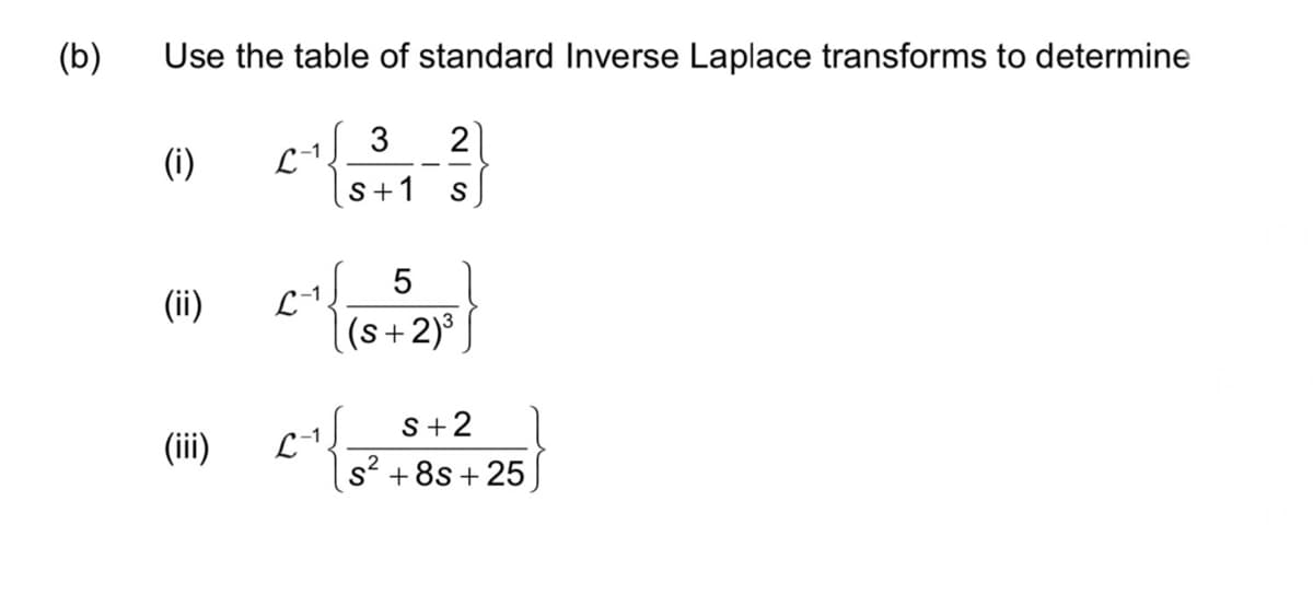 (b)
Use the table of standard Inverse Laplace transforms to determine
3 2
S
(i)
(ii)
(iii)
-1
L
L-1
L-1.
S+1
5
(s+2)³
S+2
s² +8s+25
2