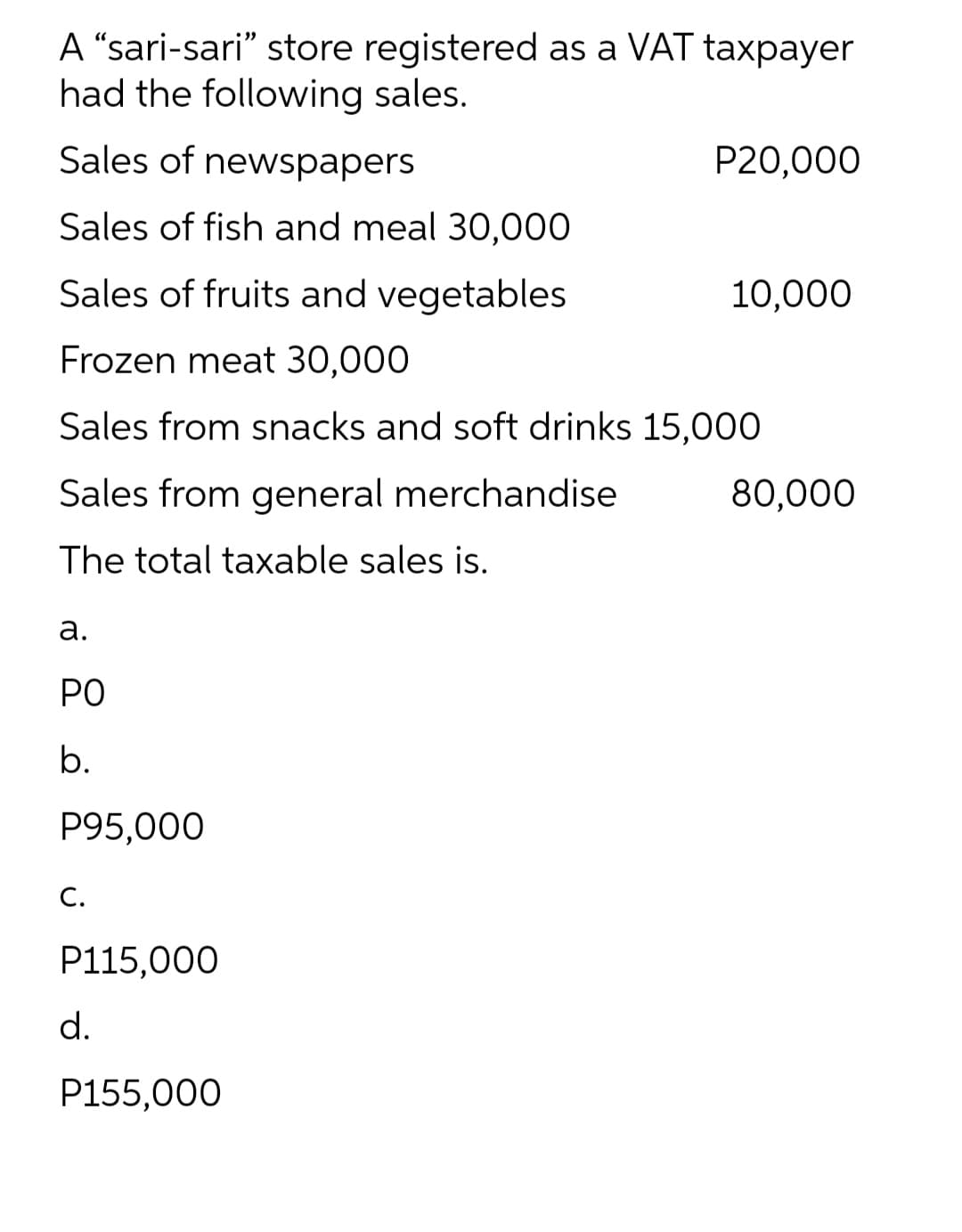 A “sari-sari" store registered as a VAT taxpayer
had the following sales.
Sales of newspapers
P20,000
Sales of fish and meal 30,00
Sales of fruits and vegetables
10,000
Frozen meat 30,000
Sales from snacks and soft drinks 15,000
Sales from general merchandise
80,000
The total taxable sales is.
а.
PO
b.
P95,000
С.
P115,000
d.
P155,000

