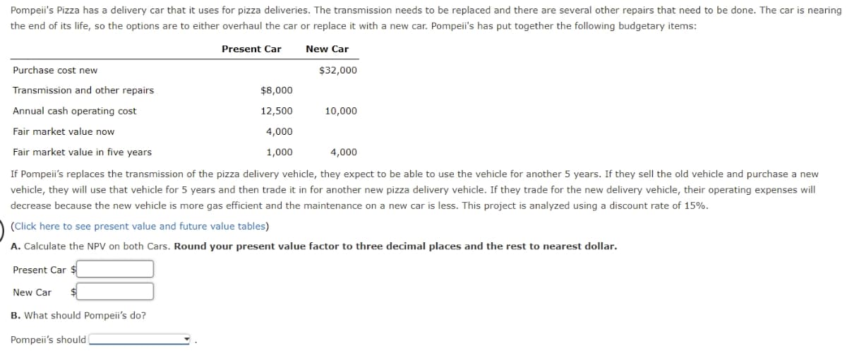 Pompeii's Pizza has a delivery car that it uses for pizza deliveries. The transmission needs to be replaced and there are several other repairs that need to be done. The car is nearing
the end of its life, so the options are to either overhaul the car or replace it with a new car. Pompeii's has put together the following budgetary items:
Present Car
New Car
Purchase cost new
$32,000
Transmission and other repairs
$8,000
Annual cash operating cost
12,500
10,000
Fair market value now
4,000
Fair market value in five years
1,000
4,000
If Pompeii's replaces the transmission of the pizza delivery vehicle, they expect to be able to use the vehicle for another 5 years. If they sell the old vehicle and purchase a new
vehicle, they will use that vehicle for 5 years and then trade it in for another new pizza delivery vehicle. If they trade for the new delivery vehicle, their operating expenses will
decrease because the new vehicle is more gas efficient and the maintenance on a new car is less. This project is analyzed using a discount rate of 15%.
(Click here to see present value and future value tables)
A. Calculate the NPV on both Cars. Round your present value factor to three decimal places and the rest to nearest dollar.
Present Car $
New Car
B. What should Pompeii's do?
Pompeii's should
