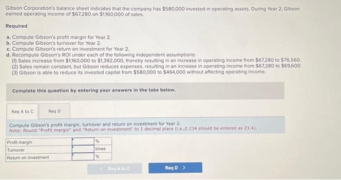 Gibson Corporation's balance sheet indicates that the company has $580,000 invested in operating assets. During Year 2, Gibson
earned operating income of $67,280 on $1,160,000 of sales.
Required
a. Compute Gibson's profit margin for Year 2.
b. Compute Gibson's turnover for Year 2.
c. Compute Gibson's return on investment for Year 2.
d. Recompute Gibson's ROI under each of the following independent assumptions:
(1) Sales increase from $1,160,000 to $1,392,000, thereby resulting in an increase in operating income from $67,280 to $76,560.
(2) Sales remain constant, but Gibson reduces expenses, resulting in an increase in operating income from $67,280 to $69,600.
(3) Gibson is able to reduce its invested capital from $580,000 to $464,000 without affecting operating income.
Complete this question by entering your answers in the tabs below.
Req A to C
Req D
Compute Gibson's profit margin, turnover and return on investment for Year 2.
Note: Round "Profit margin" and "Return on investment" to 1 decimal place (i.e.,0.234 should be entered as 23.4).
Profit margin
Turnover
Return on investment
%
times
%
<Reg A to C
Req D >