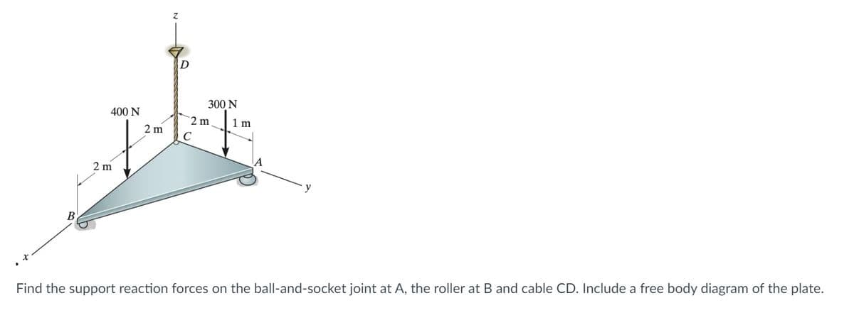 400 N
2 m
2 m
Z
300 N
2 m
1 m
A
Find the support reaction forces on the ball-and-socket joint at A, the roller at B and cable CD. Include a free body diagram of the plate.