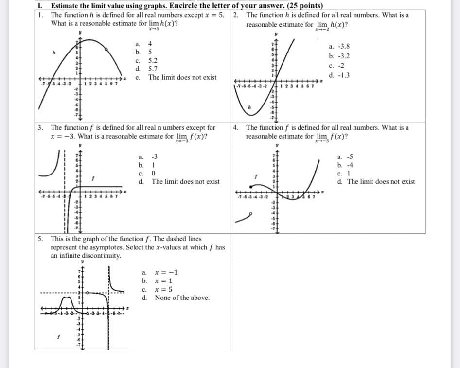 I. Estimate the limit value using graphs. Encircle the letter of your answer. (25 points)
1. The functionh is defined for all real numbers except x = 5. 2. The function h is defined for all real numbers. What is a
What is a reasonable estimate for lim h(x)?
reasonable estimate for lim h(x)?
x-5
X-2
a. 4
b. 5
c. 5.2
d. 5.7
e. The limit does not exist
a. -3.8
b. -3.2
c. -2
d. -1.3
3. The function f is defined for all real n umbers except for
x = -3. What is a reasonable estimate for lim f(x)?
4. The function f is defined for all real numbers. What is a
reasonable estimate for lim f(x)?
X--5
a. -5
b. -4
а. -3
b. 1
с. 1
d. The limit does not exist
с.
d. The limit does not exist
-16-543-2
5. This is the graph of the function f. The dashed lines
represent the asymptotes. Select the x-values at whichf has
an infinite discontinuity.
a. x = -1
b. x = 1
c. x = 5
d. None of the above.
