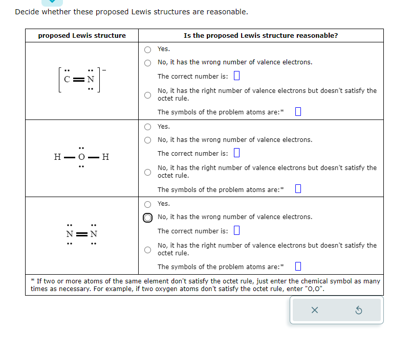 Decide whether these proposed Lewis structures are reasonable.
proposed Lewis structure
:0
C
: 0:
:Z:
Z:
H-O-H
:Z:
N=N
Is the proposed Lewis structure reasonable?
Yes.
No, it has the wrong number of valence electrons.
The correct number is:
No, it has the right number of valence electrons but doesn't satisfy the
octet rule.
The symbols of the problem atoms are:* 0
Yes.
No, it has the wrong number of valence electrons.
The correct number is:
No, it has the right number of valence electrons but doesn't satisfy the
octet rule.
The symbols of the problem atoms are:* 0
Yes.
No, it has the wrong number of valence electrons.
The correct number is:
No, it has the right number of valence electrons but doesn't satisfy the
octet rule.
The symbols of the problem atoms are:*
*If two or more atoms of the same element don't satisfy the octet rule, just enter the chemical symbol as many
times as necessary. For example, if two oxygen atoms don't satisfy the octet rule, enter "0,0".
X
S