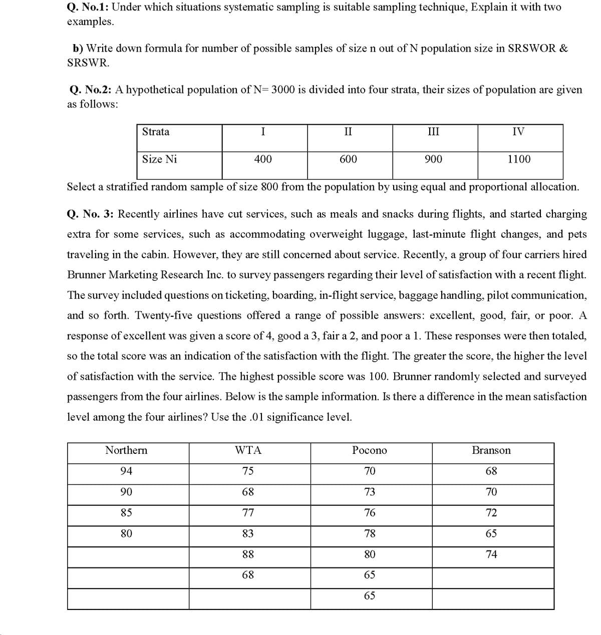 Q. No.1: Under which situations systematic sampling is suitable sampling technique, Explain it with two
examples.
b) Write down formula for number of possible samples of size n out of N population size in SRSWOR &
SRSWR.
Q. No.2: A hypothetical population of N= 3000 is divided into four strata, their sizes of population are given
as follows:
Strata
I
II
III
IV
Size Ni
400
600
900
1100
Select a stratified random sample of size 800 from the population by using equal and proportional allocation.
Q. No. 3: Recently airlines have cut services, such as meals and snacks during flights, and started charging
extra for some services, such as accommodating overweight luggage, last-minute flight changes, and pets
traveling in the cabin. However, they are still concerned about service. Recently, a group of four carriers hired
Brunner Marketing Research Inc. to survey passengers regarding their level of satisfaction with a recent flight.
The survey included questions on ticketing, boarding, in-flight service, baggage handling, pilot communication,
and so forth. Twenty-five questions offered a range of possible answers: excellent, good, fair, or poor. A
response of excellent was given a score of 4, good a 3, fair a 2, and poor a 1. These responses were then totaled,
so the total score was an indication of the satisfaction with the flight. The greater the score, the higher the level
of satisfaction with the service. The highest possible score was 100. Brunner randomly selected and surveyed
passengers from the four airlines. Below is the sample information. Is there a difference in the mean satisfaction
level among the four airlines? Use the .01 significance level.
Northern
WTA
Росono
Branson
94
75
70
68
90
68
73
70
85
77
76
72
80
83
78
65
88
80
74
68
65
65
