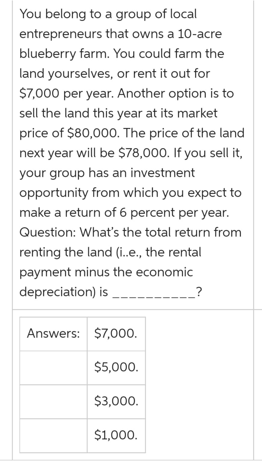 You belong to a group of local
entrepreneurs that owns a 10-acre
blueberry farm. You could farm the
land yourselves, or rent it out for
$7,000 per year. Another option is to
sell the land this year at its market
price of $80,000. The price of the land
next year will be $78,000. If you sell it,
your group has an investment
opportunity from which you expect to
make a return of 6 percent per year.
Question: Whať's the total return from
renting the land (i.e., the rental
payment minus the economic
depreciation) is
?
Answers: $7,000.
$5,000.
$3,000.
$1,000.
