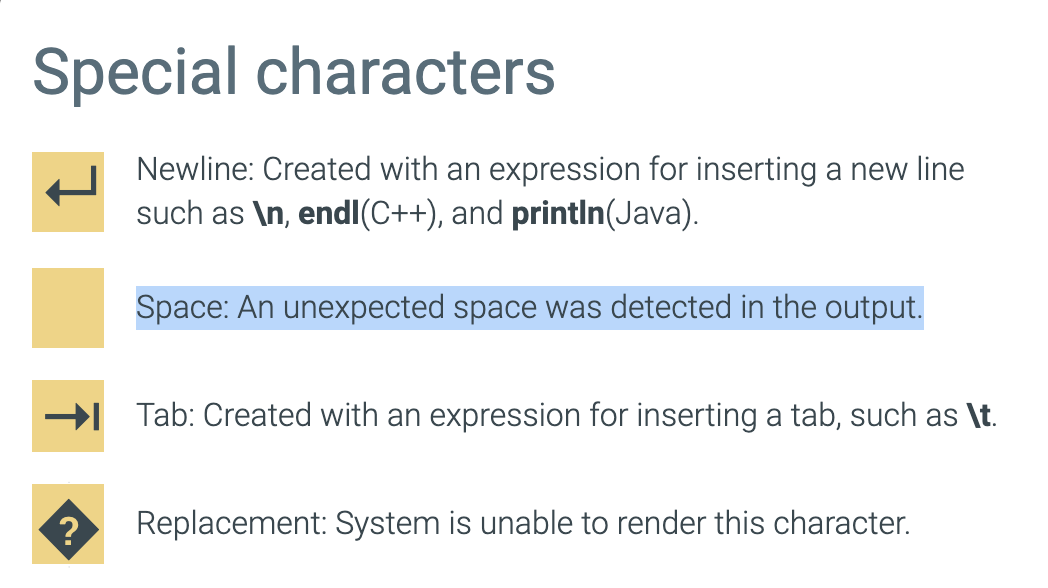 Special characters
?
Newline: Created with an expression for inserting a new line
such as \n, endl(C++), and println(Java).
Space: An unexpected space was detected in the output.
Tab: Created with an expression for inserting a tab, such as \t.
Replacement: System is unable to render this character.