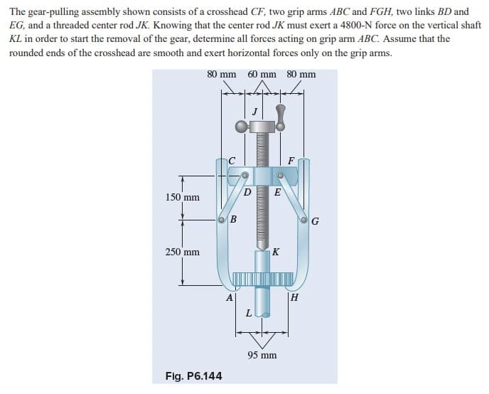 The gear-pulling assembly shown consists of a crosshead CF, two grip arms ABC and FGH, two links BD and
EG, and a threaded center rod JK. Knowing that the center rod JK must exert a 4800-N force on the vertical shaft
KL in order to start the removal of the gear, determine all forces acting on grip arm ABC. Assume that the
rounded ends of the crosshead are smooth and exert horizontal forces only on the grip arms.
80 mm 60 mm 80 mm
E
150 mm
B
250 mm
K
A
|H
95 mm
Flg. P6.144
