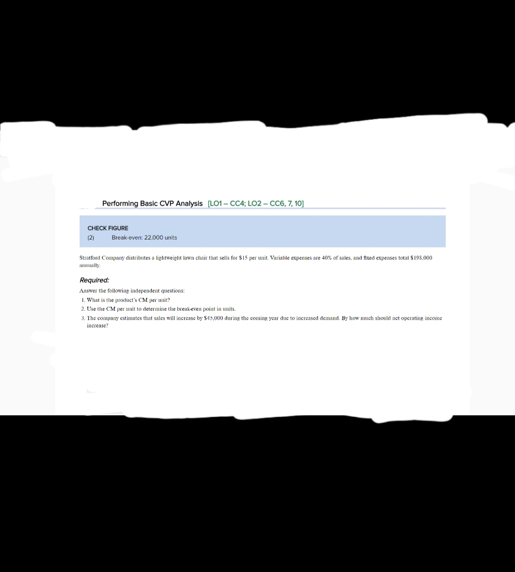Performing Basic CVP Analysis [LO1 – CC4; LO2 – CC6, 7, 10]
CHECK FIGURE
(2)
Break-even: 22,000 units
Stratford Company distributes a lightweight lawn chair that sells for $15 per unit. Variable expenses are 40% of sales, and fixed expenses total $198,000
annually.
Required:
Answer the following independent questions:
1. What is the product's CM per unit?
2. Use the CM per unit to determine the break-even point in units.
3. The company estimates that sales will increase by $45,000 during the coming year due to increascd demand. By how much should net operating income
increase?
