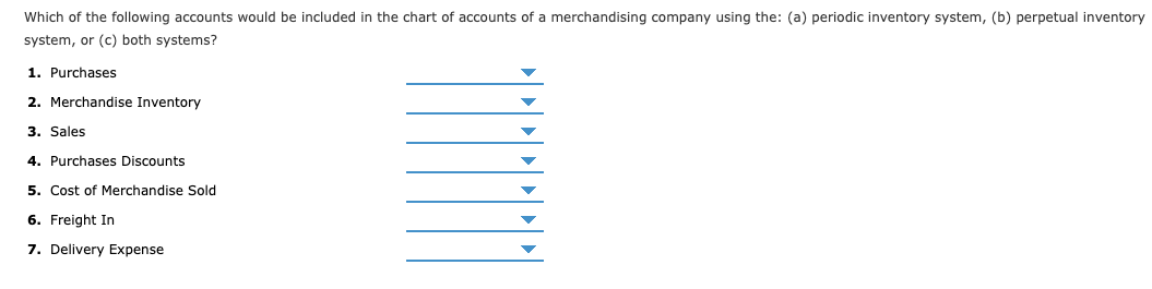 Which of the following accounts would be included in the chart of accounts of a merchandising company using the: (a) periodic inventory system, (b) perpetual inventory
system, or (c) both systems?
1. Purchases
2. Merchandise Inventory
3. Sales
4. Purchases Discounts
5. Cost of Merchandise Sold
6. Freight In
7. Delivery Expense
