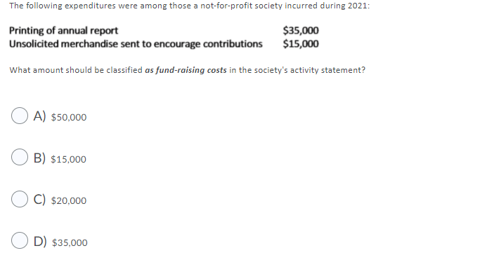 The following expenditures were among those a not-for-profit society incurred during 2021:
Printing of annual report
Unsolicited merchandise sent to encourage contributions
$35,000
$15,000
What amount should be classified as fund-raising costs in the society's activity statement?
A) $50,000
B) $15,000
C) $20,000
D) $35,000
