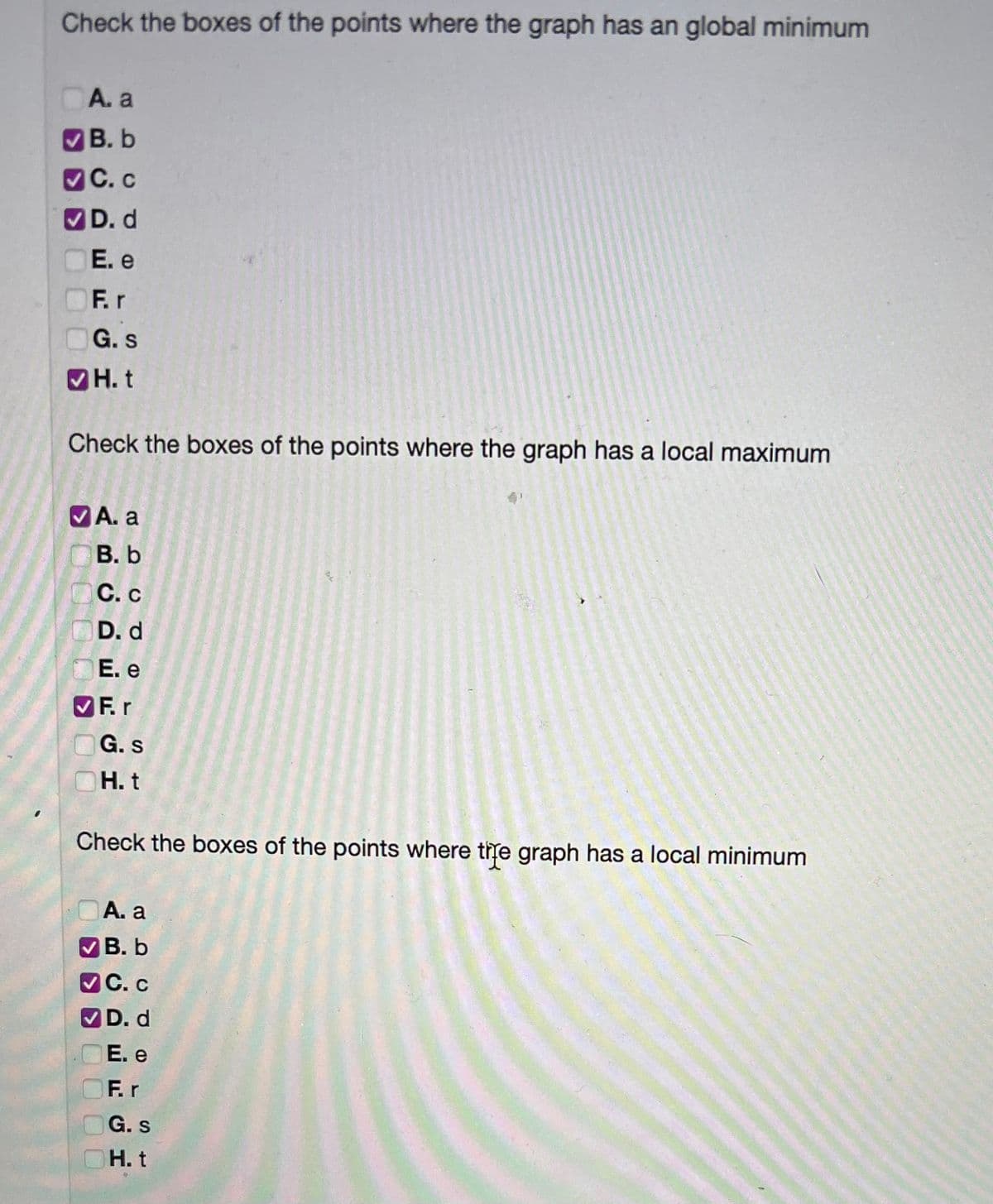 Check the boxes of the points where the graph has an global minimum
A. a
✔B. b
✔C. C
✔D. d
E. e
F.r
G. S
✓H. t
Check the boxes of the points where the graph has a local maximum
V A. a
B. b
C. c
D. d
E. e
✔Fr
G. S
H. t
Check the boxes of the points where the graph has a local minimum
A. a
✔B. b
✓C.c
✔D. d
E. e
F.r
G. s
H. t