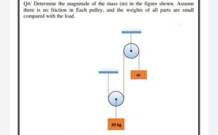 Q4/ Determine the magnitude of the mass (m) in the figure shown. Assume
there is no friction in Each pulley, and the weights of all parts are small
compared with the load.
20 kg