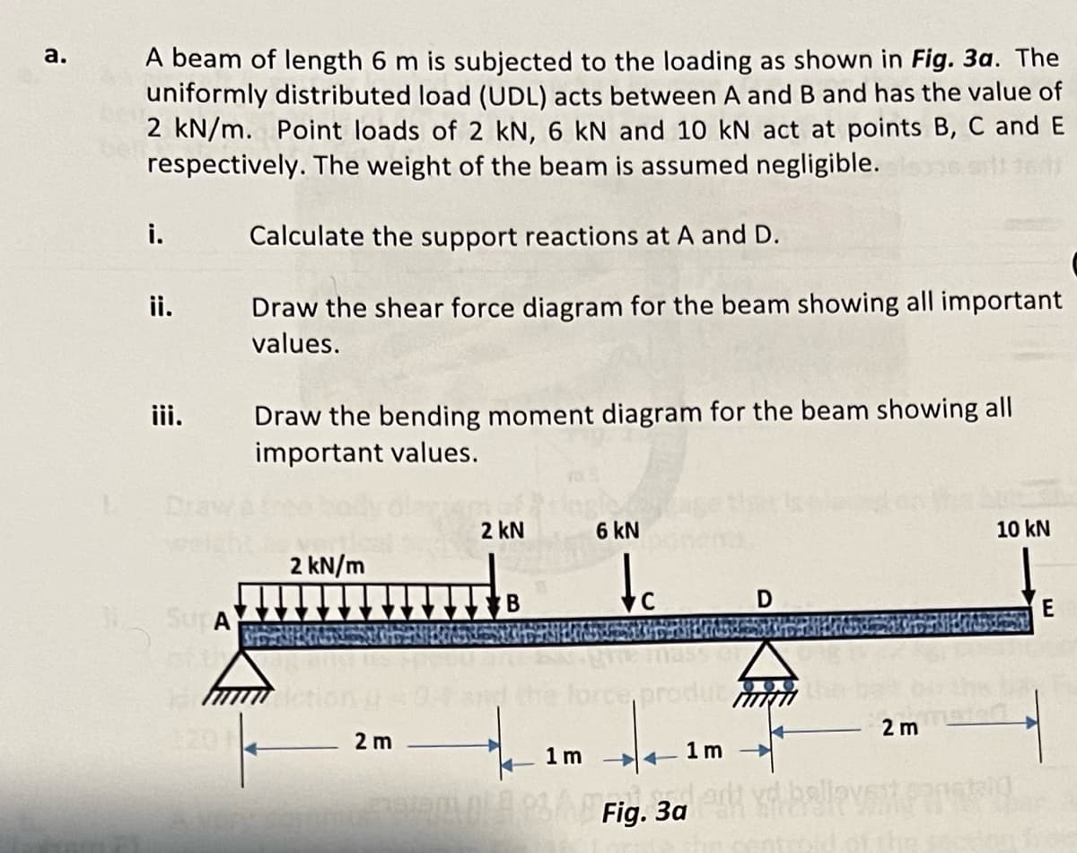a.
A beam of length 6 m is subjected to the loading as shown in Fig. 3a. The
uniformly distributed load (UDL) acts between A and B and has the value of
2 kN/m. Point loads of 2 kN, 6 kN and 10 kN act at points B, C and E
respectively. The weight of the beam is assumed negligible.
Calculate the support reactions at A and D.
Draw the shear force diagram for the beam showing all important
values.
i.
ii.
iii.
SUTA
Draw the bending moment diagram for the beam showing all
important values.
2 kN/m
2 m
2 kN
B
6 kN
1m
tc
force,
1m
Fig. 3a
D
2 m
pellavest
10 kN