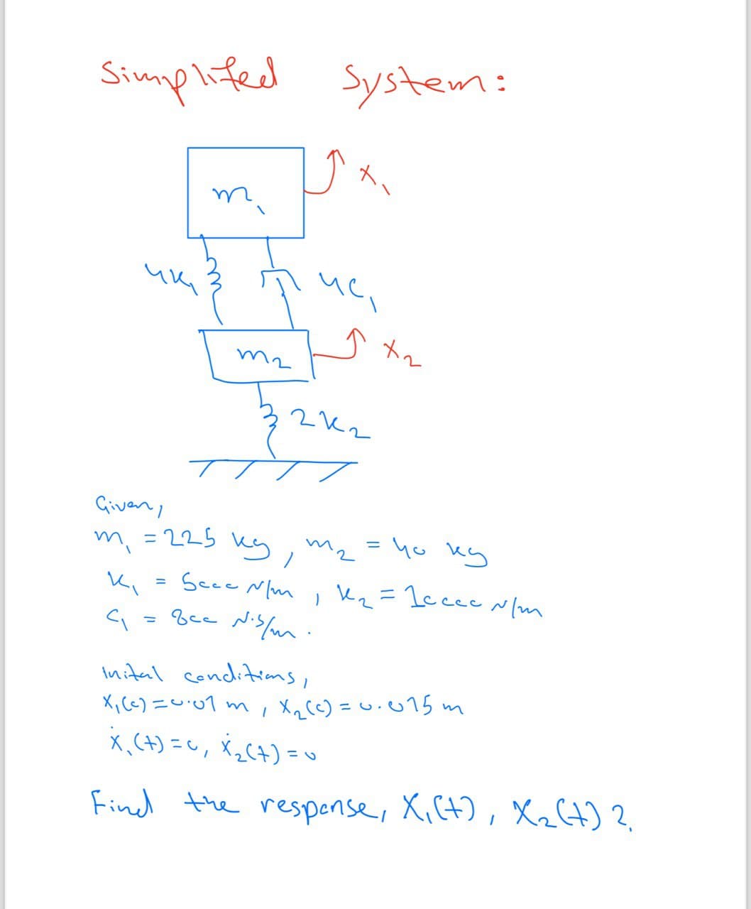 Simplifed System:
m
ис,
2K2
1
Given,
m² = 225 kg /
K₁ = Secc N/m, k₁₂ = 1ccce N/m
кі
C₁ = Bcc Nis/m.
m2
=
чо ку
Inital conditions,
X₁(c)=0.01
x₁ (+) = 0, X₂ (+) =
Find the response, X, (+), X2₂ (+) 2.
X₂ (c)=0.015 m