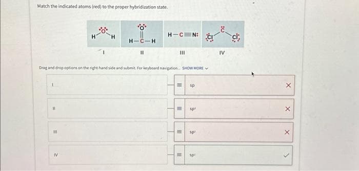 Match the indicated atoms (red) to the proper hybridization state.
1
11
111
Drag and drop options on the right hand side and submit. For keyboard navigation... SHOW MORE
2
H
IV
H-C-H
11
H-C=N:
III
III
I
111
sp
sp
sp²
sp
IV
ci;
X
X
X