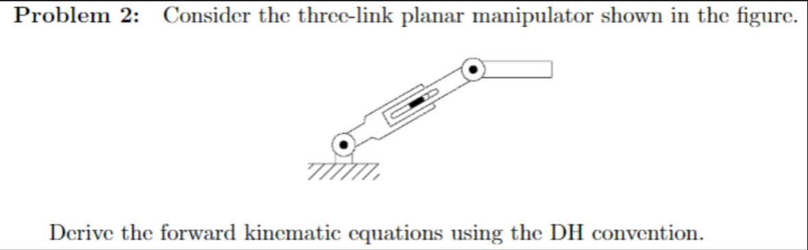 Problem 2: Consider the three-link planar manipulator shown in the figure.
Derive the forward kinematic equations using the DH convention.