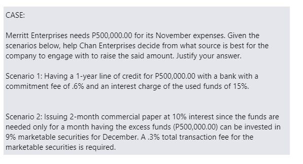 CASE:
Merritt Enterprises needs P500,000.00 for its November expenses. Given the
scenarios below, help Chan Enterprises decide from what source is best for the
company to engage with to raise the said amount. Justify your answer.
Scenario 1: Having a 1-year line of credit for P500,000.00 with a bank with a
commitment fee of .6% and an interest charge of the used funds of 15%.
Scenario 2: Issuing 2-month commercial paper at 10% interest since the funds are
needed only for a month having the excess funds (P500,000.00) can be invested in
9% marketable securities for December. A .3% total transaction fee for the
marketable securities is required.