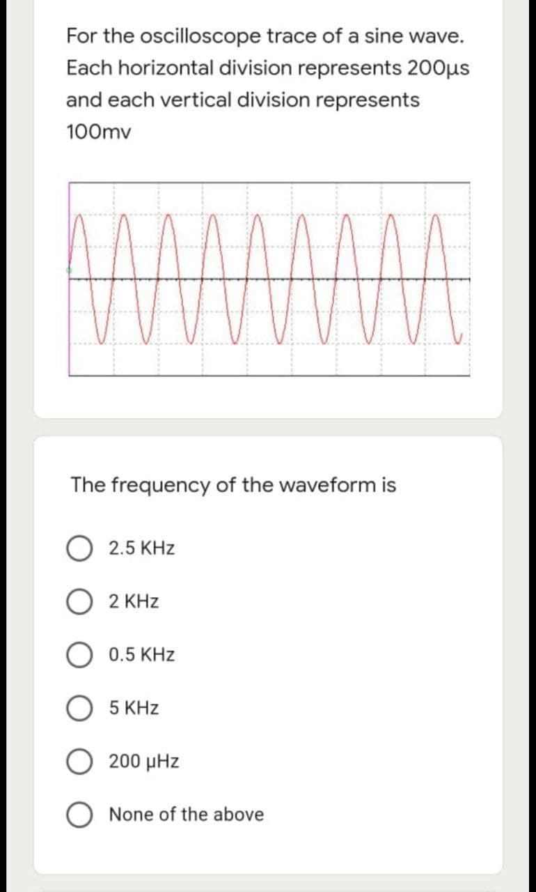 For the oscilloscope trace of a sine wave.
Each horizontal division represents 200μs
and each vertical division represents
100mv
The frequency of the waveform is
2.5 KHz
2 KHZ
0.5 KHz
5 KHz
200 μHz
None of the above