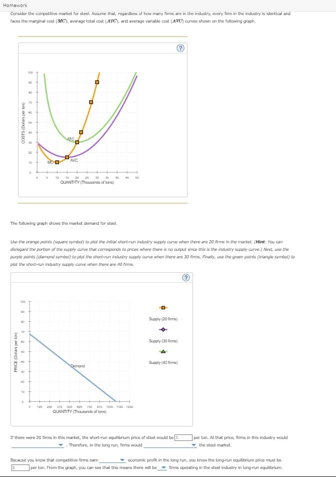 Homework
Consider the competitive market for steel. Assume that, regardless of how many firms are in the industry, every firm in the industry is identical and
faces the marginal cost (MC), average total cost (ATC), and average variable cost (AVC) curves shown on the following graph.
COSTS (Dollars per ton)
PRICE (Dollars per ton)
100
90
70
80
50
40
30
100
20
90
0
80
70
60
50
40
30
20
The following graph shows the market demand for steel.
0
Use the orange points (square symbol) to plot the initial short-run industry supply curve when there are 20 firms in the market. (Hint: You can
disregard the portion of the supply curve that corresponds to prices where there is no output since this is the industry supply curve.) Next, use the
purple points (diamond symbol) to plot the short-run industry supply curve when there are 30 firms. Finally, use the green points (triangle symbol) to
plot the short-run industry supply curve when there are 40 firms.
D
MC
D
ATC
AVC
D
O
5 10 15 20 25
35
QUANTITY (Thousands of tons)
Demand
50
250 375 500
750 875 1000 1125 1250
QUANTITY (Thousands of tons)
0
Supply (20 firms)
Supply (30 firms)
4
Supply (40 firms)
If there were 20 firms in this market, the short-run equilibrium price of steel would be
. Therefore, in the long run, firms would
?
per ton. At that price, firms in this industry would
the steel market.
Because you know that competitive firms ear
economic profit in the long run, you know the long-run equilibrium price must be
per ton. From the graph, you can see that this means there will be firms operating in the steel industry in long-run equilibrium.