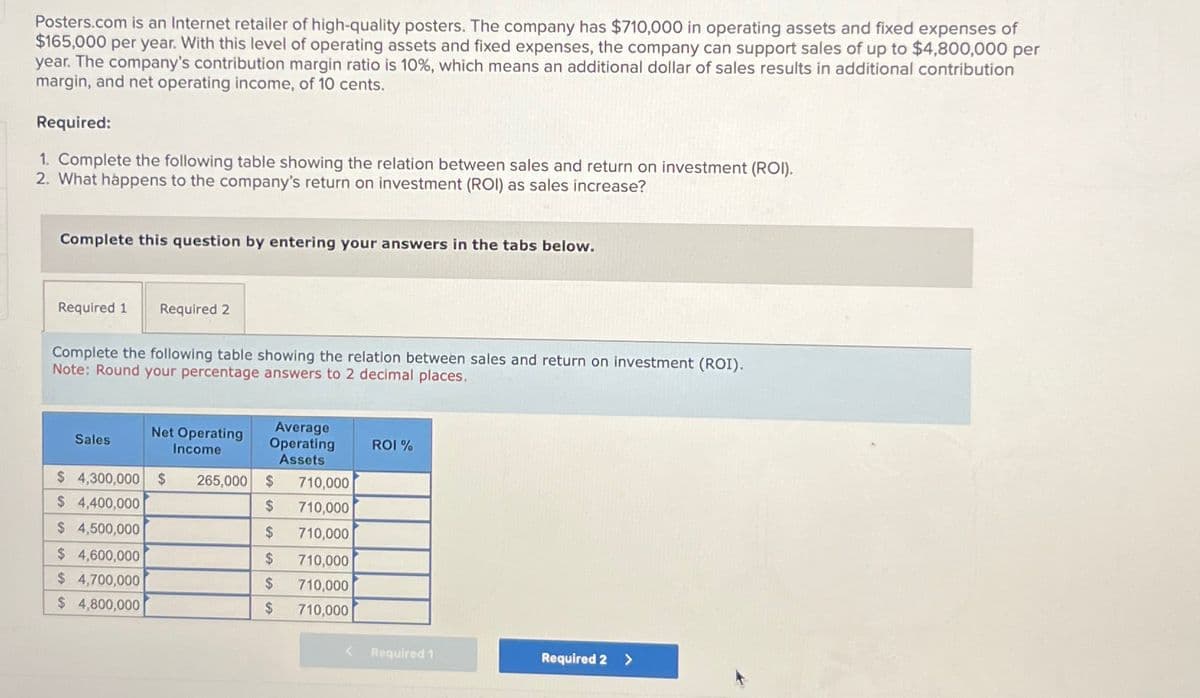 Posters.com is an Internet retailer of high-quality posters. The company has $710,000 in operating assets and fixed expenses of
$165,000 per year. With this level of operating assets and fixed expenses, the company can support sales of up to $4,800,000 per
year. The company's contribution margin ratio is 10%, which means an additional dollar of sales results in additional contribution
margin, and net operating income, of 10 cents.
Required:
1. Complete the following table showing the relation between sales and return on investment (ROI).
2. What happens to the company's return on investment (ROI) as sales increase?
Complete this question by entering your answers in the tabs below.
Required 1
Required 2
Complete the following table showing the relation between sales and return on investment (ROI).
Note: Round your percentage answers to 2 decimal places.
Sales
Net Operating
Income
Average
Operating
Assets
ROI %
$ 4,300,000 $ 265,000 $
710,000
$ 4,400,000
$ 710,000
$ 4,500,000
$
710,000
$ 4,600,000
$
710,000
$
4,700,000
$
710,000
$
4,800,000
$
710,000
Required 1
Required 2 >
