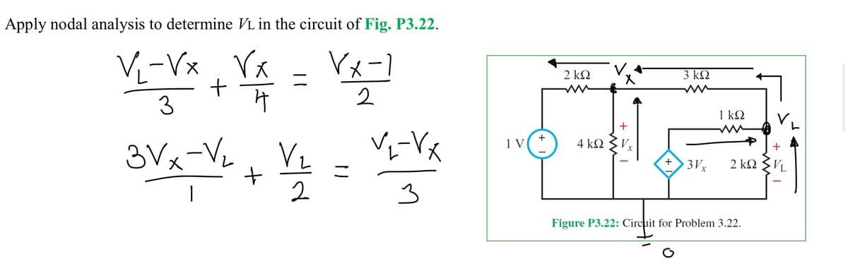Apply nodal analysis to determine VL in the circuit of Fig. P3.22.
V₁-Vx+ V₁ = VX-²
Vx
3
4
2
3Vx-V₂
1
کرانه
11
=
V₂-VX
3
1 V
+
2 ΚΩ
4 ΚΩ
X
+
3 ΚΩ
3Vx
1 ΚΩ
2 ΚΩ
Figure P3.22: Circuit for Problem 3.22.
+
VL