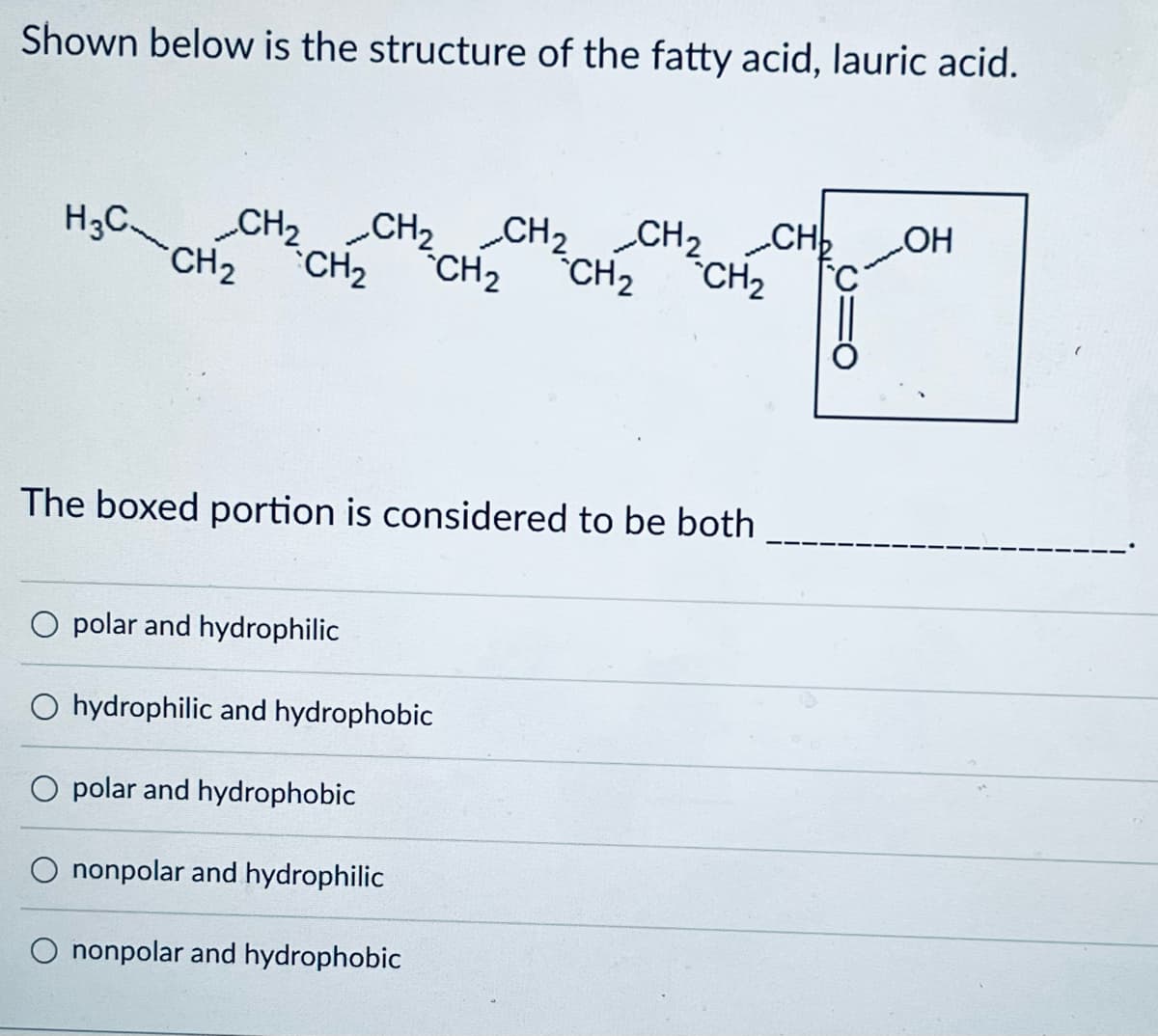 Shown below is the structure of the fatty acid, lauric acid.
H3C CH₂
_CH 2
CH2 CH2 CH 2 CH₂
CH2 CH₂ CH2
OH
CH₂
C
The boxed portion is considered to be both
Opolar and hydrophilic
Ohydrophilic and hydrophobic
Opolar and hydrophobic
nonpolar and hydrophilic
nonpolar and hydrophobic