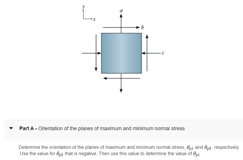 L.
b
Part A - Orientation of the planes of maximum and minimum normal stress
Determine the orientation of the planes of maximum and minimum normal stress, Op1 and p2, respectively.
Use the value for Op2 that is negative. Then use this value to determine the value of Op1.