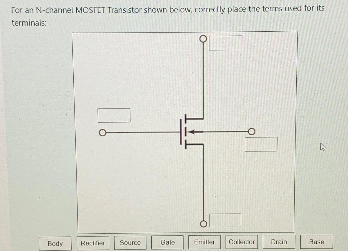 For an N-channel MOSFET Transistor shown below, correctly place the terms used for its
terminals:
Body
Rectifier
Source
Gate
K
Emitter
Collector
Drain
K
Base