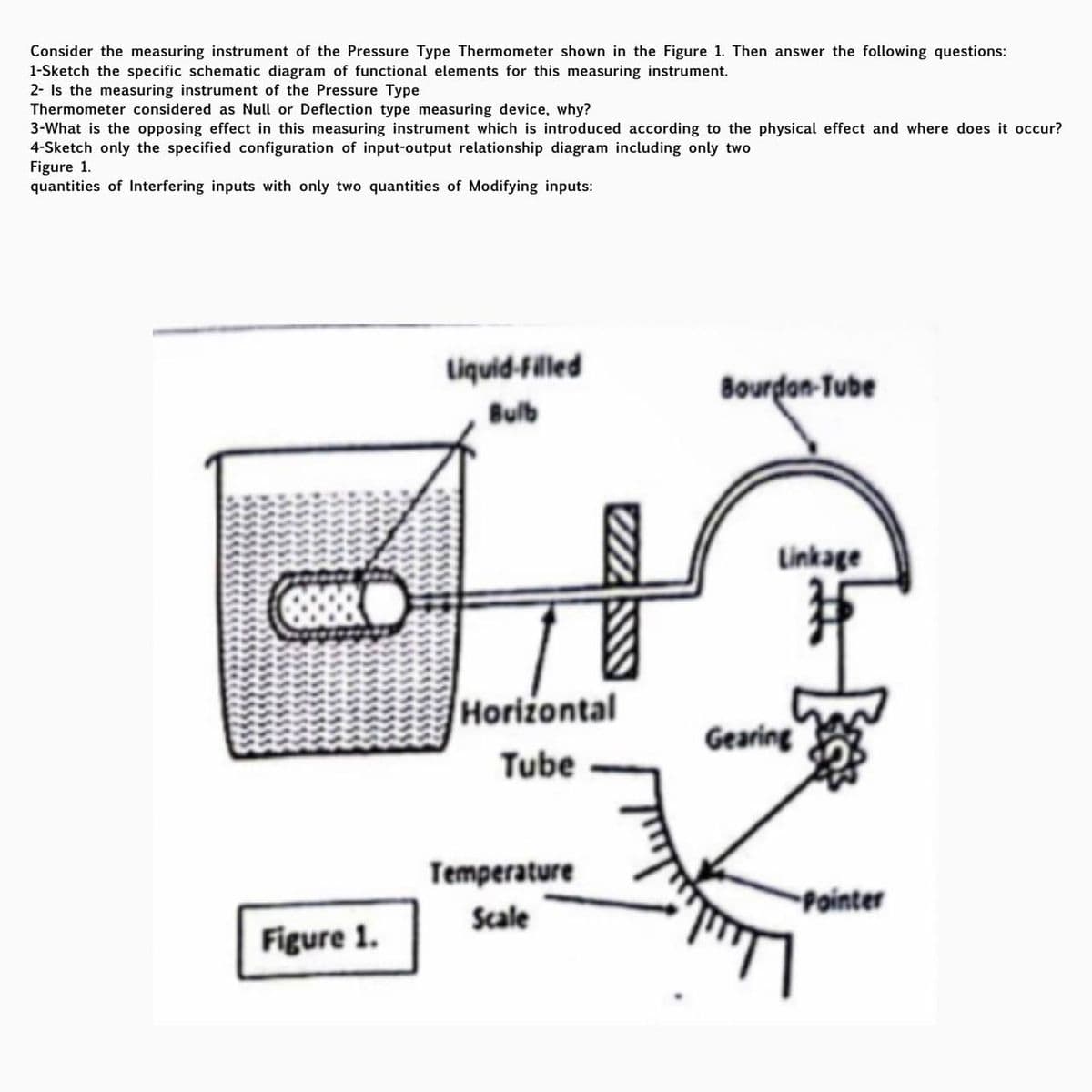 Consider the measuring instrument of the Pressure Type Thermometer shown in the Figure 1. Then answer the following questions:
1-Sketch the specific schematic diagram of functional elements for this measuring instrument.
2- Is the measuring instrument of the Pressure Type
Thermometer considered as Null or Deflection type measuring device, why?
3-What is the opposing effect in this measuring instrument which is introduced according to the physical effect and where does it occur?
4-Sketch only the specified configuration of input-output relationship diagram including only two
Figure 1.
quantities of Interfering inputs with only two quantities of Modifying inputs:
Figure 1.
Liquid-Filled
Bulb
Horizontal
Tube
Temperature
Scale
Bourdon-Tube
Linkage
Gearing
Pointer