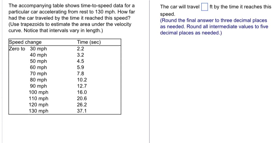 The accompanying table shows time-to-speed data for a
particular car accelerating from rest to 130 mph. How far
had the car traveled by the time it reached this speed?
(Use trapezoids to estimate the area under the velocity
curve. Notice that intervals vary in length.)
Speed change
Zero to 30 mph
40 mph
50 mph
60 mph
70 mph
80 mph
90 mph
100 mph
110 mph
120 mph
130 mph
Time (sec)
2.2
3.2
4.5
5.9
7.8
10.2
12.7
16.0
20.6
26.2
37.1
The car will travel ft by the time it reaches this
speed.
(Round the final answer to three decimal places
as needed. Round all intermediate values to five
decimal places as needed.)