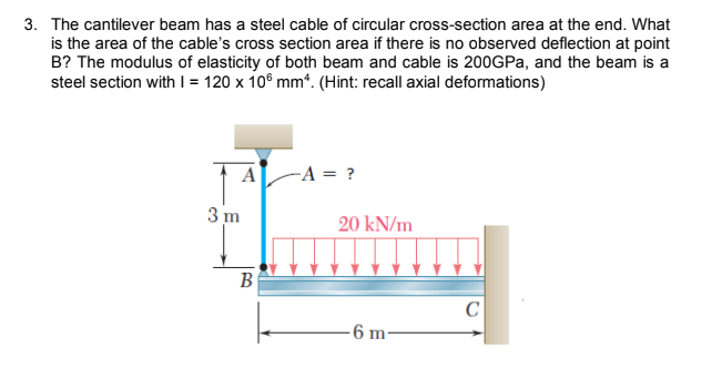 3. The cantilever beam has a steel cable of circular cross-section area at the end. What
is the area of the cable's cross section area if there is no observed deflection at point
B? The modulus of elasticity of both beam and cable is 200GPA, and the beam is a
steel section with l= 120 x 10° mm“. (Hint: recall axial deformations)
A
A = ?
3 m
20 kN/m
В
C
6 m-
