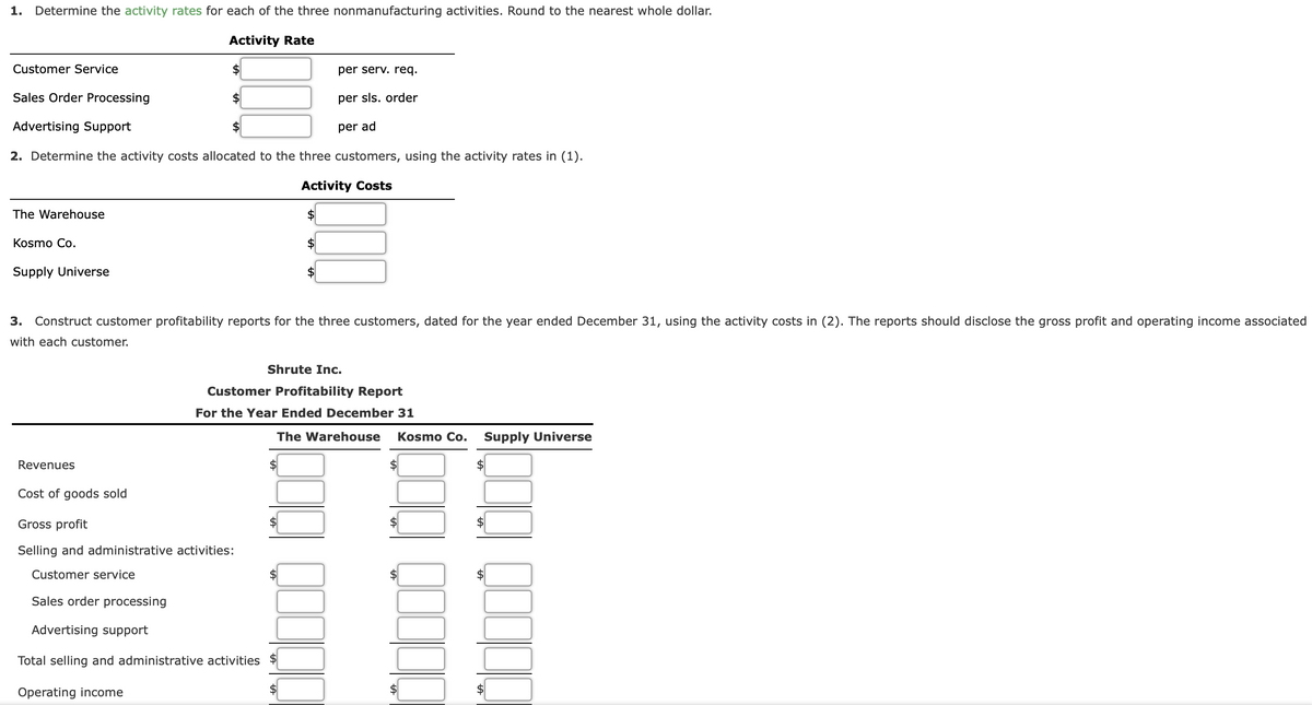 1. Determine the activity rates for each of the three nonmanufacturing activities. Round to the nearest whole dollar.
Activity Rate
Customer Service
$
per serv. req.
Sales Order Processing
per sls. order
Advertising Support
per ad
2. Determine the activity costs allocated to the three customers, using the activity rates in (1).
Activity Costs
The Warehouse
$
Kosmo Co.
Supply Universe
3. Construct customer profitability reports for the three customers, dated for the year ended December 31, using the activity costs in (2). The reports should disclose the gross profit and operating income associated
with each customer.
Shrute Inc.
Customer Profitability Report
For the Year Ended December 31
The Warehouse
Kosmo Co.
Supply Universe
Revenues
$
2$
Cost of goods sold
Gross profit
Selling and administrative activities:
Customer service
Sales order processing
Advertising support
Total selling and administrative activities
Operating income
