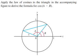 Apply the law of cosines to the triangle in the accompanying
figure to derive the formula for cos (A – B).
B
