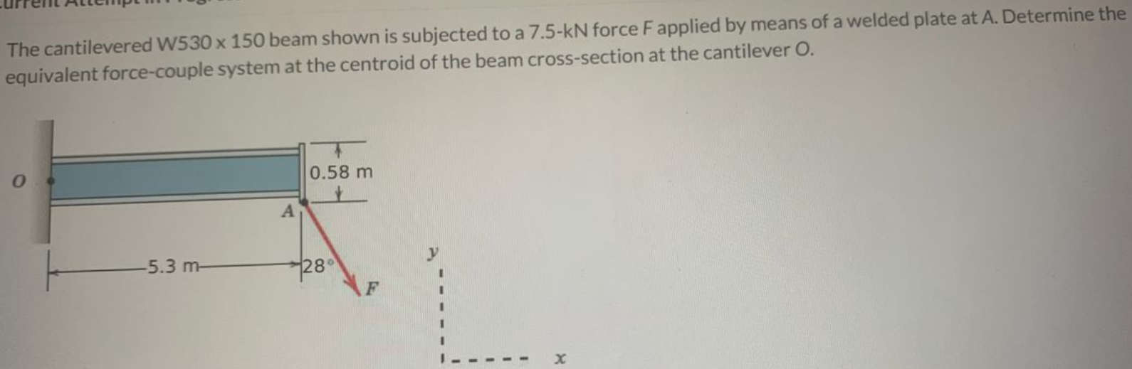 The cantilevered W530 x 150 beam shown is subjected to a 7.5-kN force F applied by means of a welded plate at A. Determine the
equivalent force-couple system at the centroid of the beam cross-section at the cantilever O.
0.58 m
-5.3 m-
7280
F
