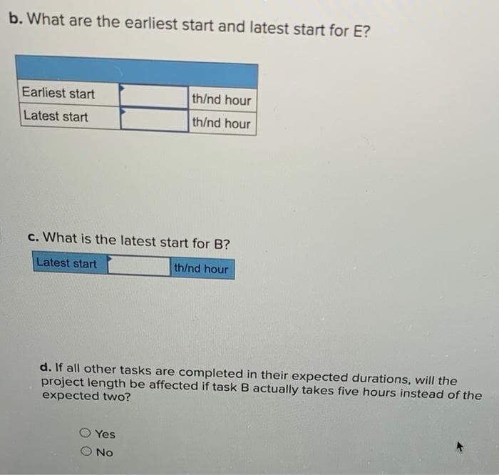 b. What are the earliest start and latest start for E?
Earliest start
th/nd hour
Latest start
th/nd hour
c. What is the latest start for B?
Latest start
th/nd hour
d. If all other tasks are completed in their expected durations, will the
project length be affected if task B actually takes five hours instead of the
expected two?
Yes
No
