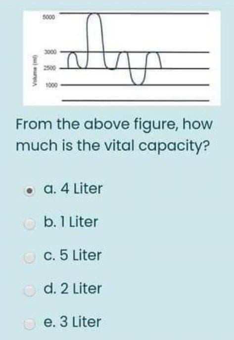 s000
3000
From the above figure, how
much is the vital capacity?
o a. 4 Liter
b. 1 Liter
c. 5 Liter
O d. 2 Liter
e. 3 Liter
Volume (ml)
