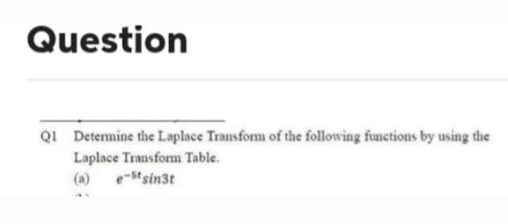 Question
Q1 Determine the Laplace Transform of the following functions by using the
Laplace Transform Table.
e-st sin3t
