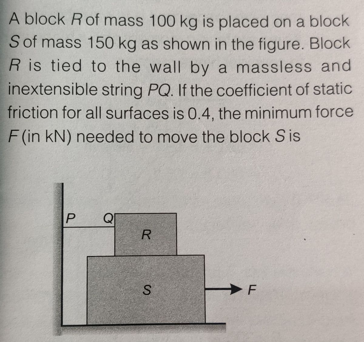 A block Rof mass 100 kg is placed on a block
Sof mass 150 kg as shown in the figure. Block
R is tied to the wall by a massless and
inextensible string PQ. If the coefficient of static
friction for all surfaces is 0.4, the minimum force
F (in kN) needed to move the block S is
Q
F
R.
