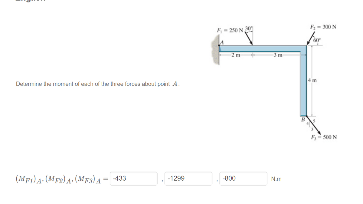 Determine the moment of each of the three forces about point A.
(MF1) A (MF2) A (MF3) A -433
-1299
F₁ = 250 N 30°
A
-2 m-
-800
-3 m
N.m
F₂ = 300 N
60°
4 m
F3 = 500 N