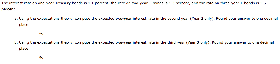 The interest rate on one-year Treasury bonds is 1.1 percent, the rate on two-year T-bonds is 1.3 percent, and the rate on three-year T-bonds is 1.5
percent.
a. Using the expectations theory, compute the expected one-year interest rate in the second year (Year 2 only). Round your answer to one decimal
place.
%
b. Using the expectations theory, compute the expected one-year interest rate in the third year (Year 3 only). Round your answer to one decimal
place.
%
