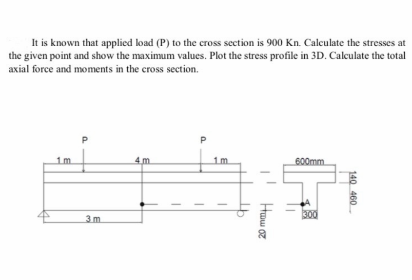 It is known that applied load (P) to the cross section is 900 Kn. Calculate the stresses at
the given point and show the maximum values. Plot the stress profile in 3D. Calculate the total
axial force and moments in the cross section.
1 m
P
4m
P
3m
1m
600mm
Ήταν σε
300
140 460