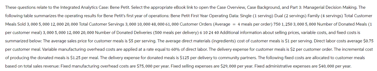 These questions relate to the Integrated Analytics Case: Bene Petit. Select the appropriate eBook link to open the Case Overview, Case Background, and Part 3: Managerial Decision Making. The
following table summarizes the operating results for Bene Petit's first year of operations: Bene Petit First Year Operating Data: Single (1 serving) Dual (2 servings) Family (4 servings) Total Customer
Meals Sold 3,000 5,000 12, 000 20,000 Total Customer Servings 3,000 10, 000 48,000 61, 000 Customer Orders (Average = 4 meals per order) 750 1,250 3,000 5,000 Number of Donated Meals (1
per customer meal) 3, 000 5,000 12, 000 20,000 Number of Donated Deliveries (500 meals per delivery) 6 10 24 40 Additional information about selling prices, variable costs, and fixed costs is
summarized below: The average sales price for customer meals is $5 per serving. The average direct materials (ingredients) cost of customer meals is $1 per serving. Direct labor costs average $0.75
per customer meal. Variable manufacturing overhead costs are applied at a rate equal to 60% of direct labor. The delivery expense for customer meals is $2 per customer order. The incremental cost
of producing the donated meals is $1.25 per meal. The delivery expense for donated meals is $125 per delivery to community partners. The following fixed costs are allocated to customer meals
based on total sales revenue: Fixed manufacturing overhead costs are $75,000 per year. Fixed selling expenses are $29,000 per year. Fixed administrative expenses are $40,000 per year.
