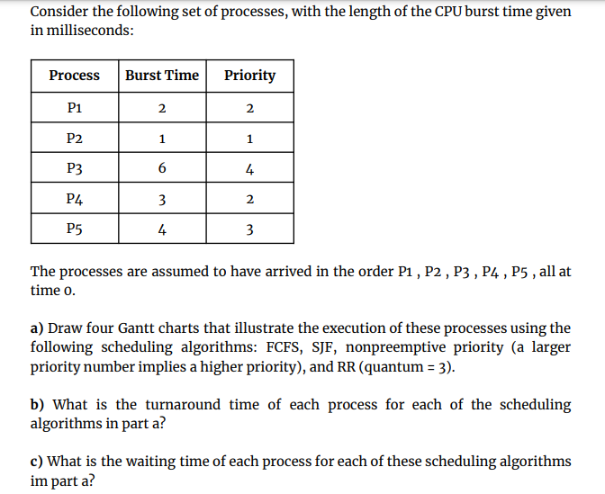 Consider the following set of processes, with the length of the CPU burst time given
in milliseconds:
Process
Burst Time
Priority
P1
2
2
P2
P3
4
P4
3
2
P5
4
3
The processes are assumed to have arrived in the order P1 , P2 , P3 , P4 , P5 , all at
time o.
a) Draw four Gantt charts that illustrate the execution of these processes using the
following scheduling algorithms: FCFS, SJF, nonpreemptive priority (a larger
priority number implies a higher priority), and RR (quantum = 3).
b) What is the turnaround time of each process for each of the scheduling
algorithms in part a?
c) What is the waiting time of each process for each of these scheduling algorithms
im part a?
